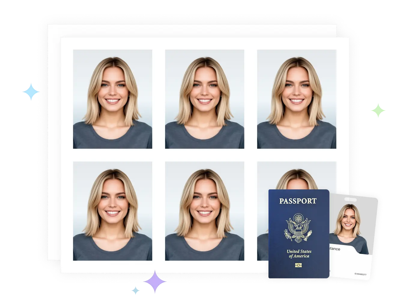 Planșă cu fotografii de act printate, alături de un pașaport și un card de identitate
